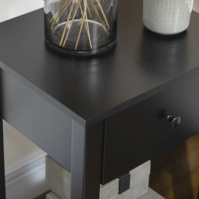 2-Tier Side Tables with Drawer and Shelf, Black (Set of 2)