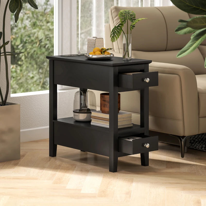 Narrow Side Table with Built-in Charging Station and USB Ports, Black