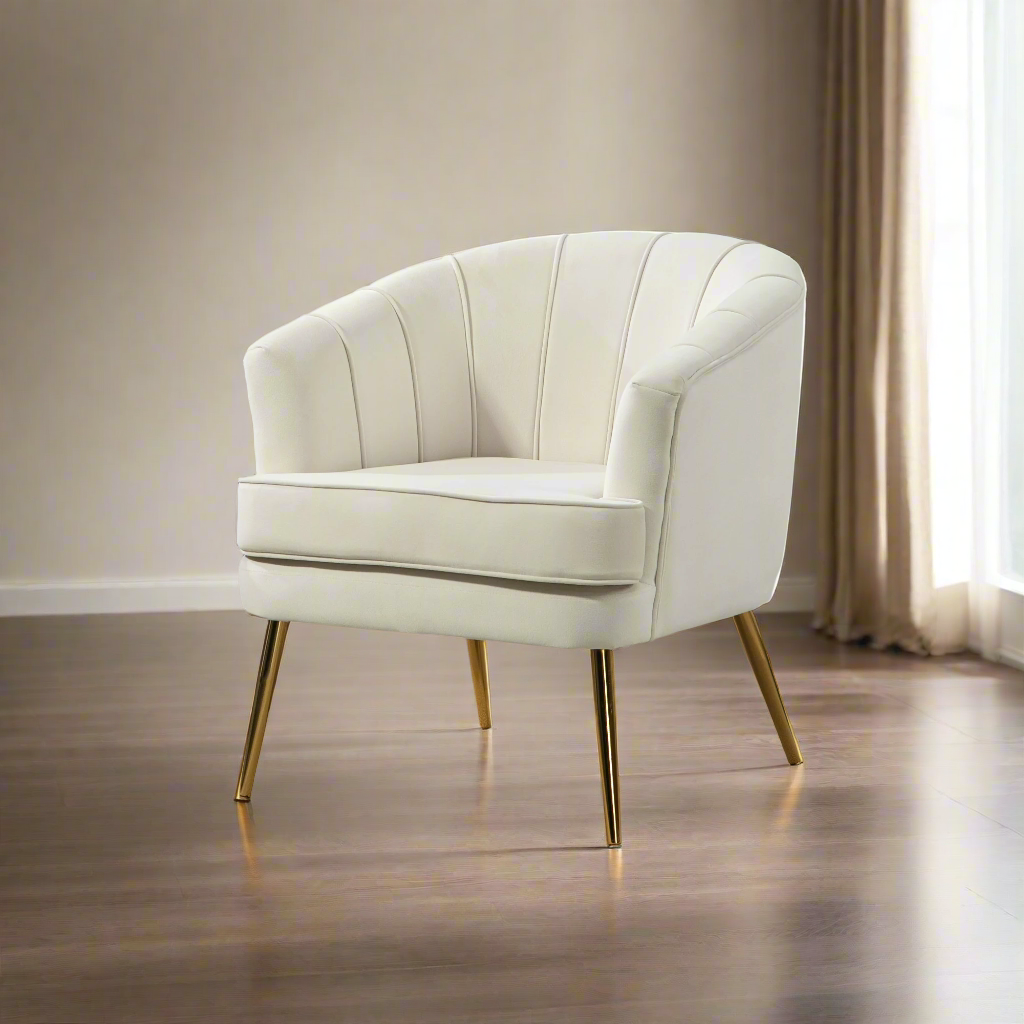 Channel-Tufted Tub Armchair with Upholstery and Gold Legs, Cream
