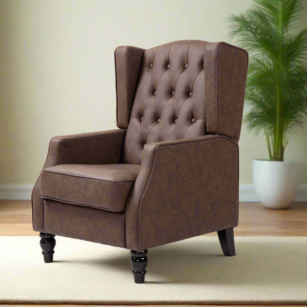 Button-Tufted Wingback Armchair with Faux Leather Upholstery, Brown