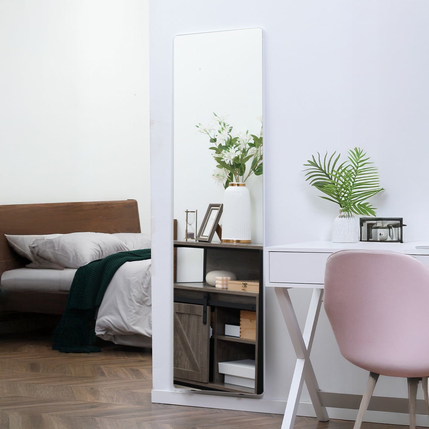 Full Length Rectangular Mirror with Silver Frame, 63" x 18", Multi-Position Design