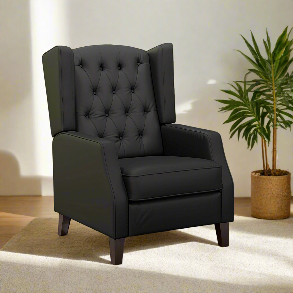 Button-Tufted Wingback Armchair with Faux Leather Upholstery, Black