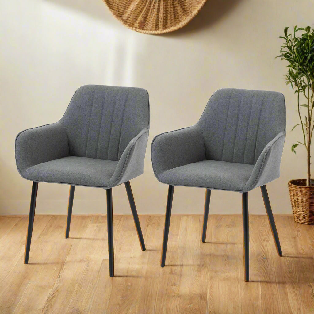 Linen Fabric Armchair Dining Chairs with Metal Legs, Dark Grey (Set of 2)