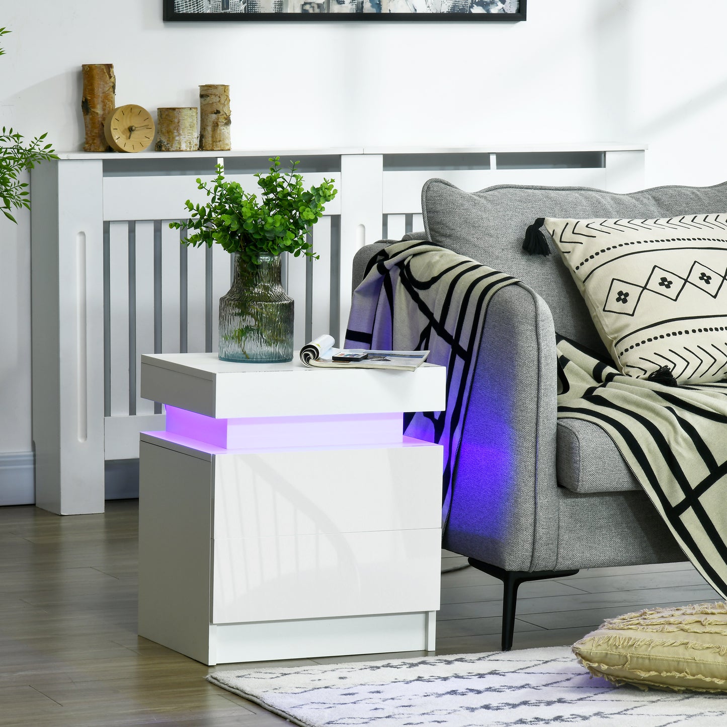 LED Nightstand with Remote Control and 2 Drawers, White