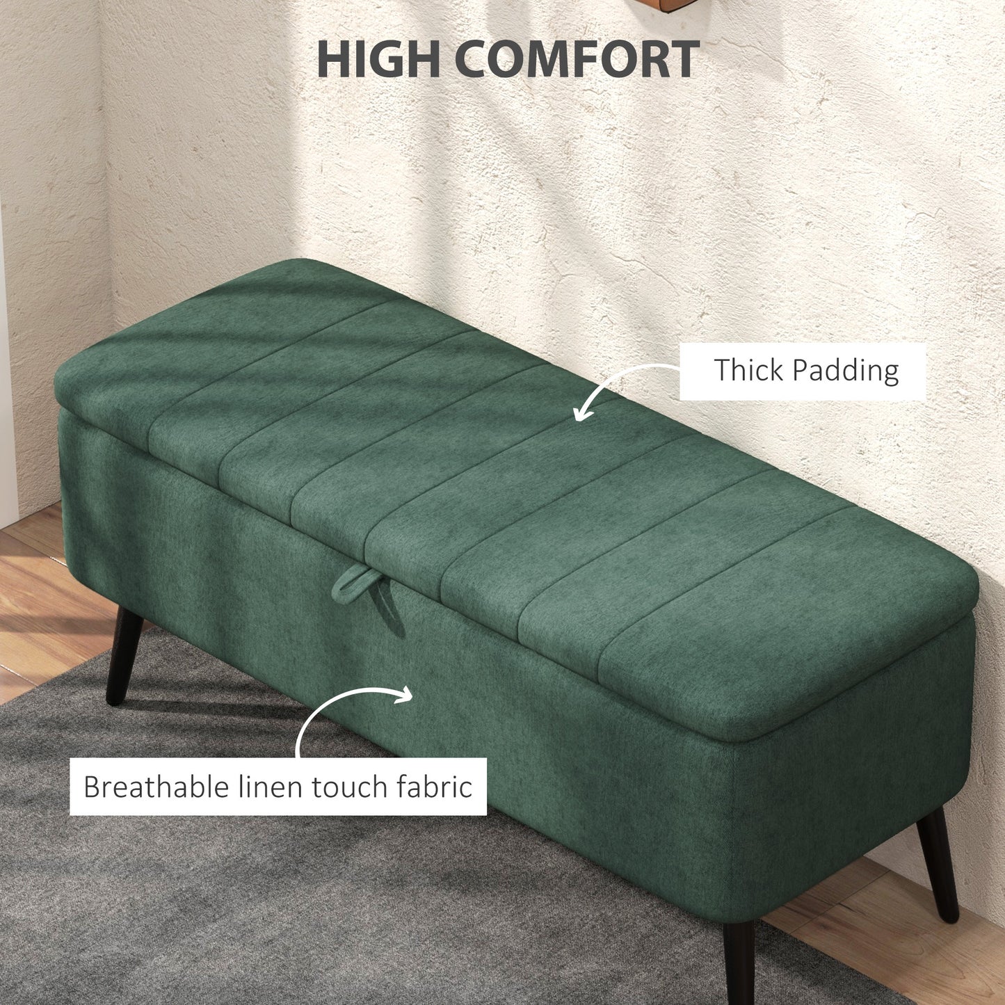 40" Linen Storage Ottoman Bench with Steel Legs, Dark Green
