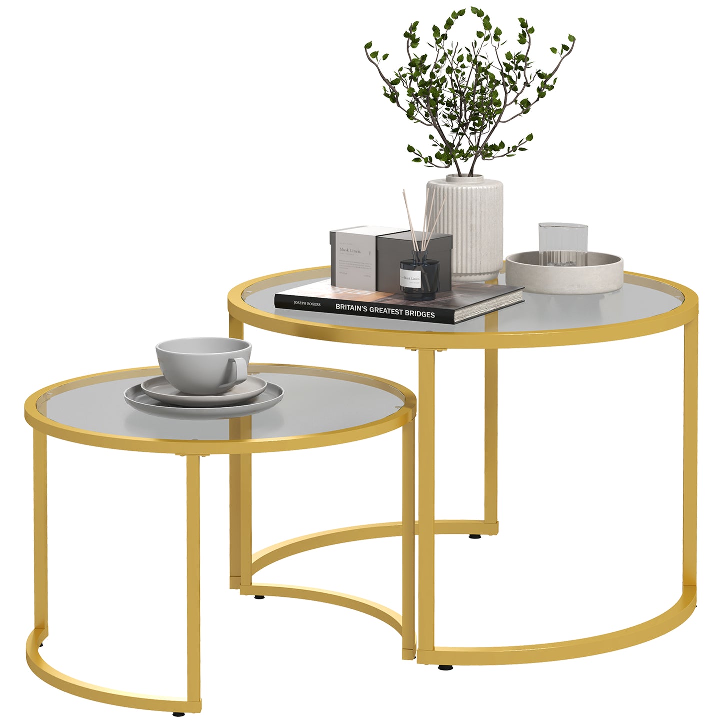 Gold Round Nesting Tables Set of 2 with Tempered Glass Top