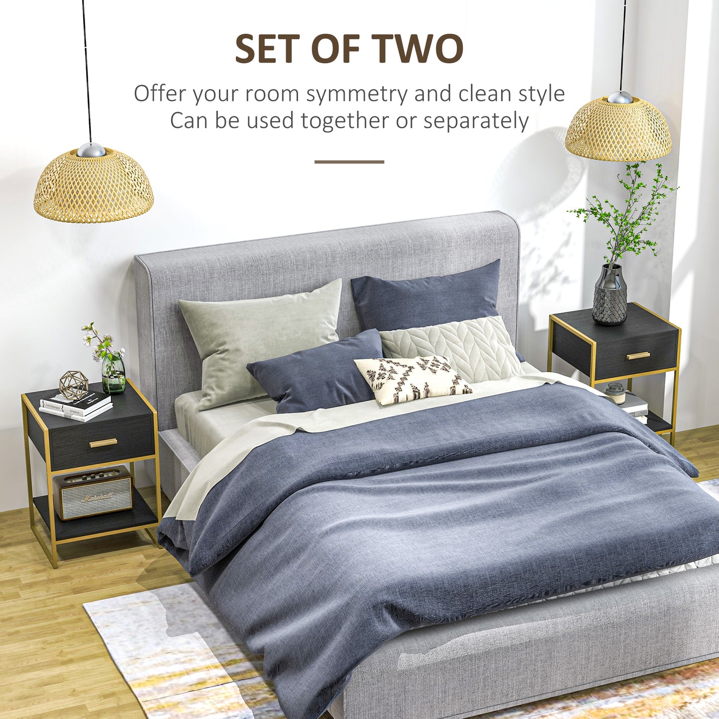 Modern Nightstands with Gold Steel Frame and Drawer, Black (Set of 2)