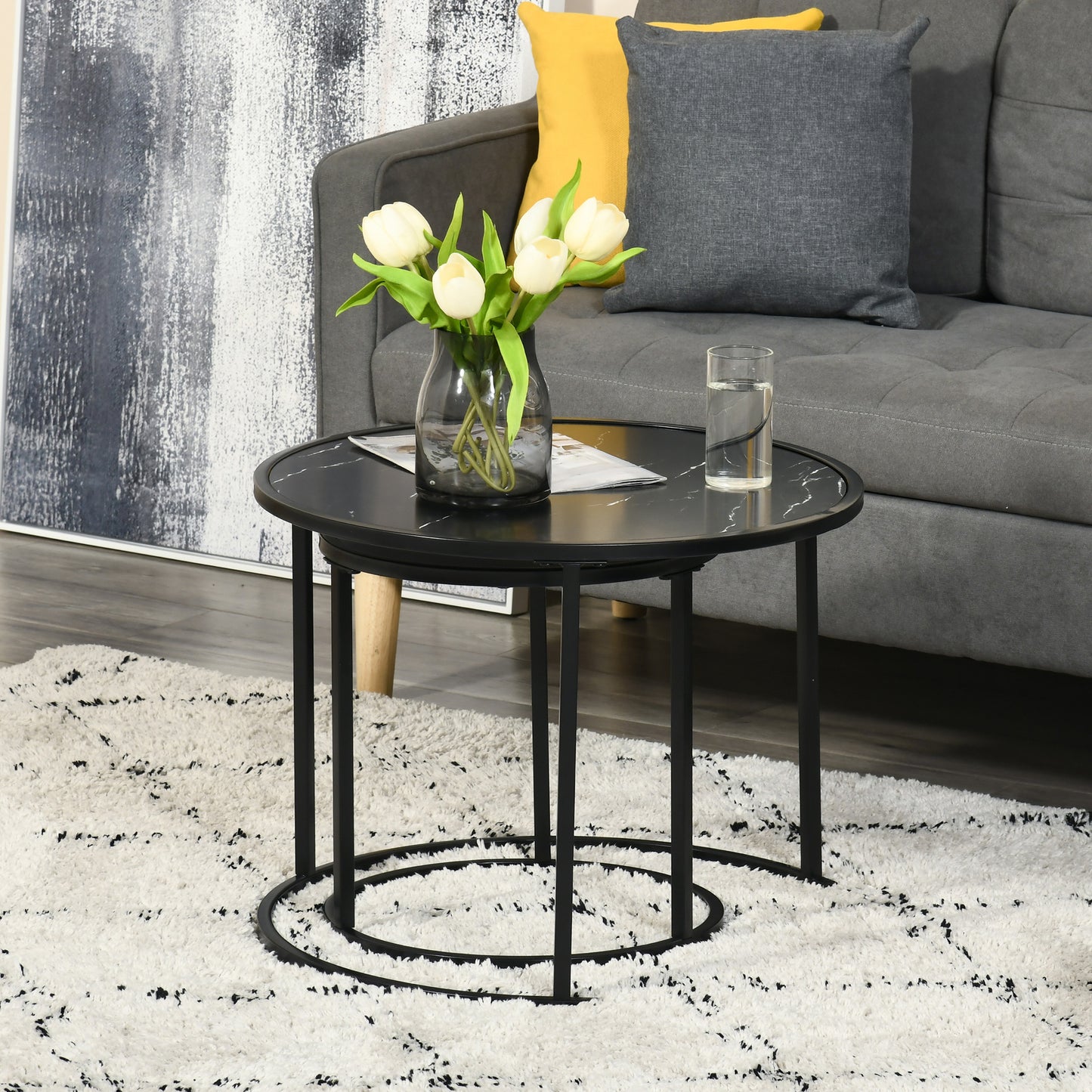 Black Round Nesting Coffee Tables with Faux Marble Top