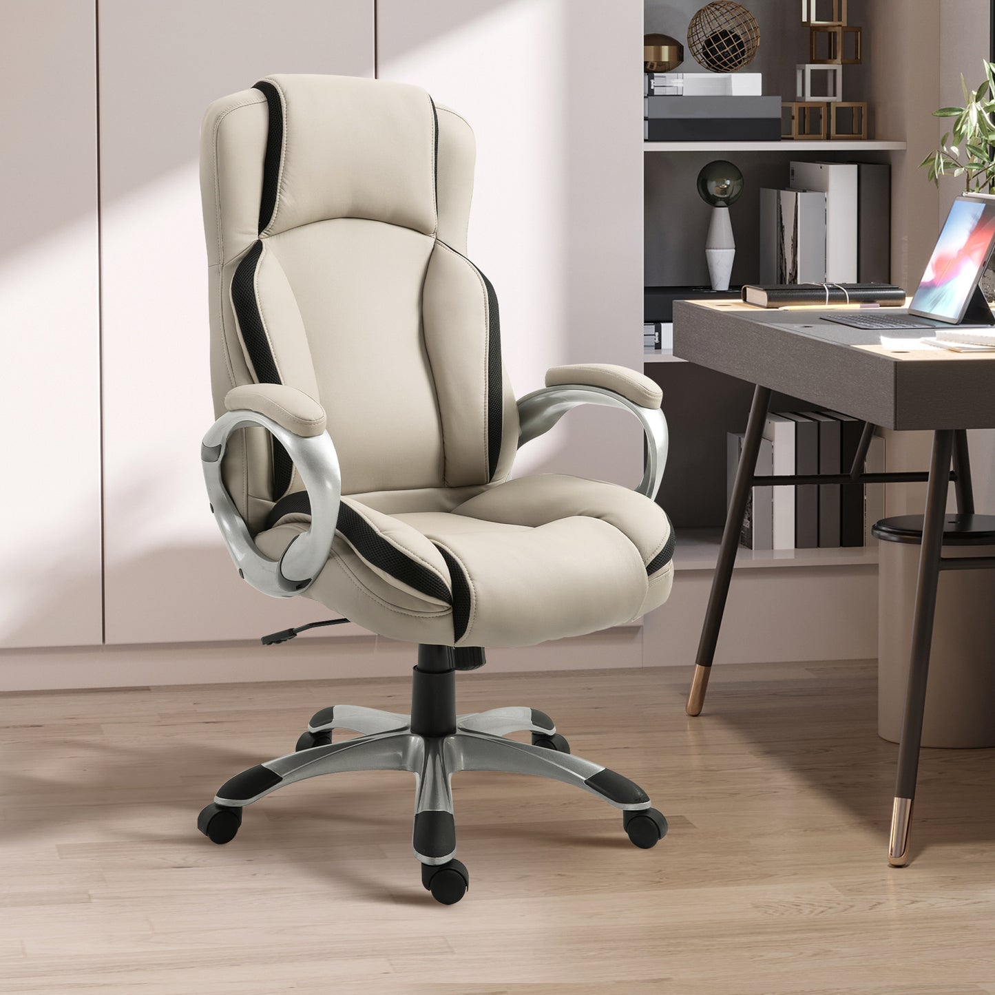 Executive Office Chair with PU Leather Upholstery and Ergonomic Design, Gray and Black