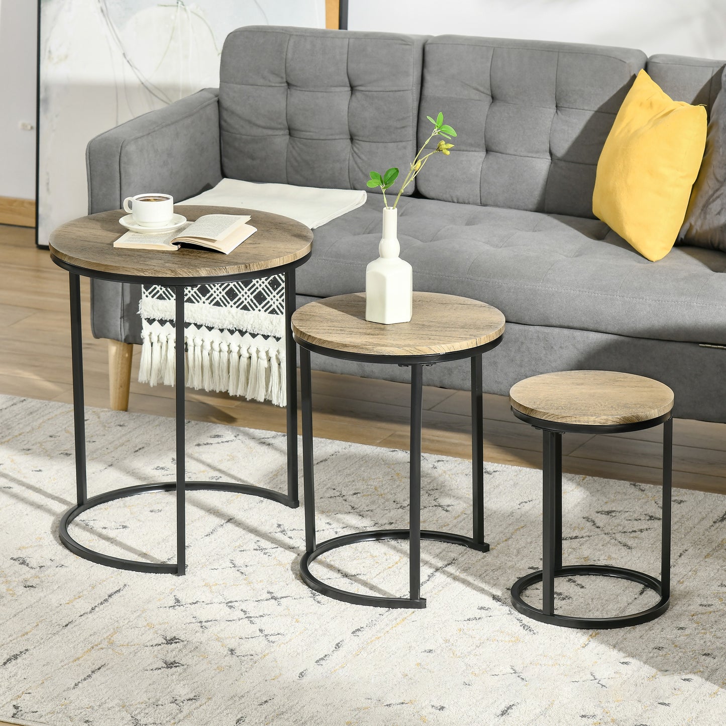 Round Nesting Coffee Table Set of 3 with Steel Frame - Natural Wood