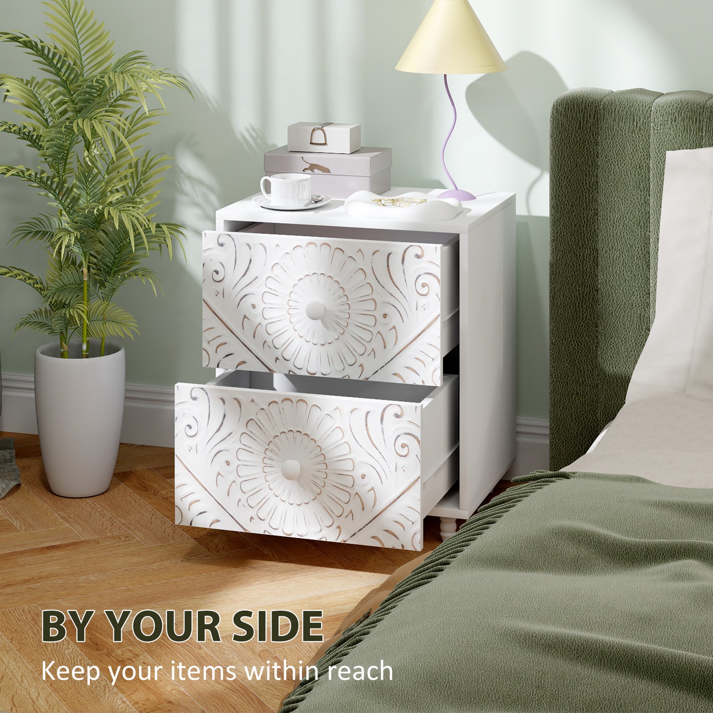Mid-Century Nightstand with Unique Carved Details and 2 Drawers, White