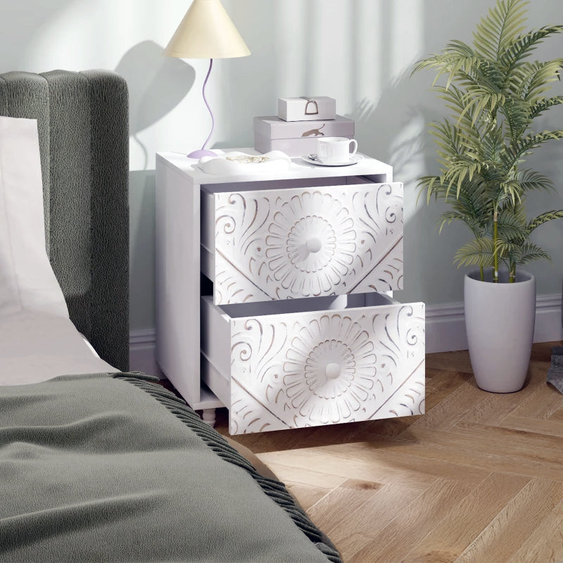 Mid-Century Nightstand with Unique Carved Details and 2 Drawers, White