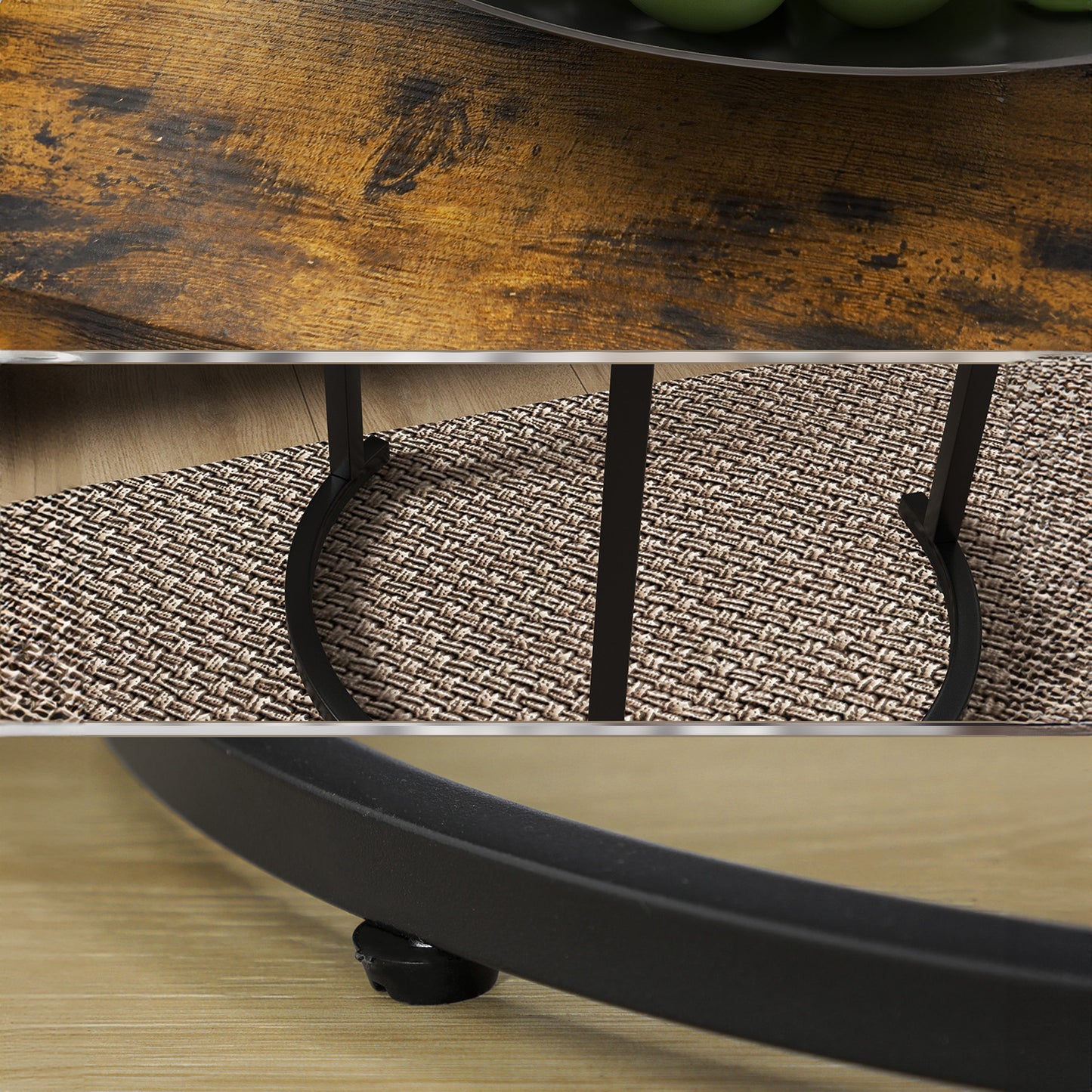 Round Nesting Coffee Table Set of 3 with Steel Frame - Rustic Brown