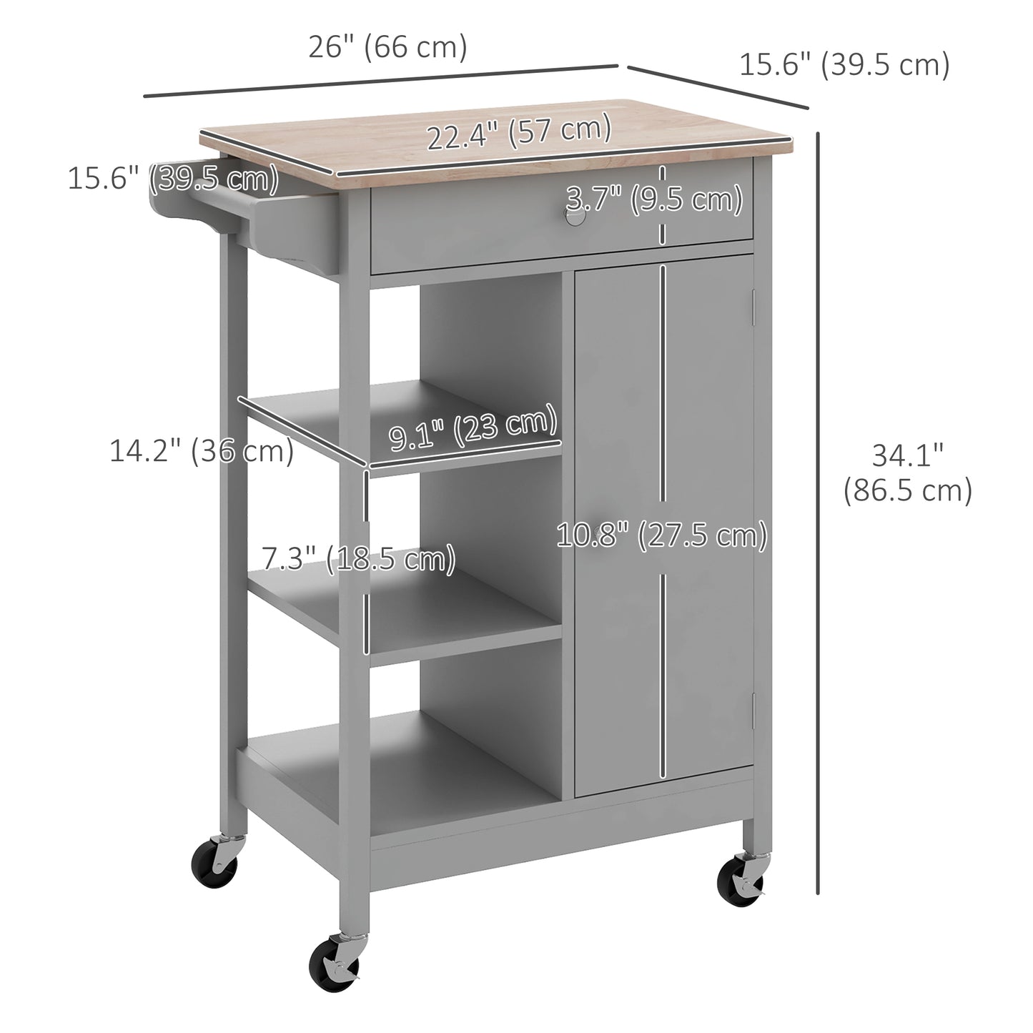 Modern Rolling Kitchen Island Cart with Natural Wood Top, Grey