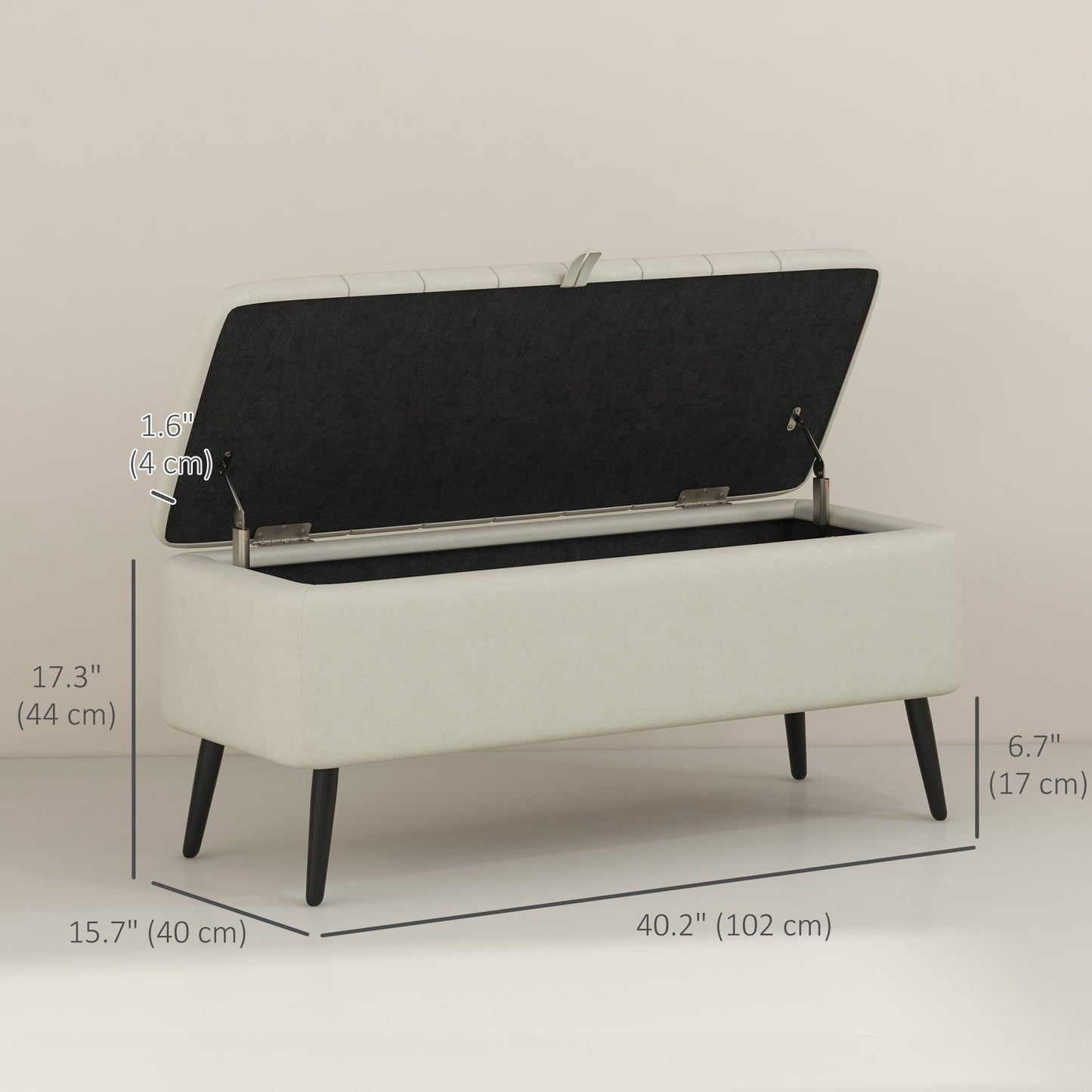 40" Linen Storage Ottoman Bench with Steel Legs, Cream White