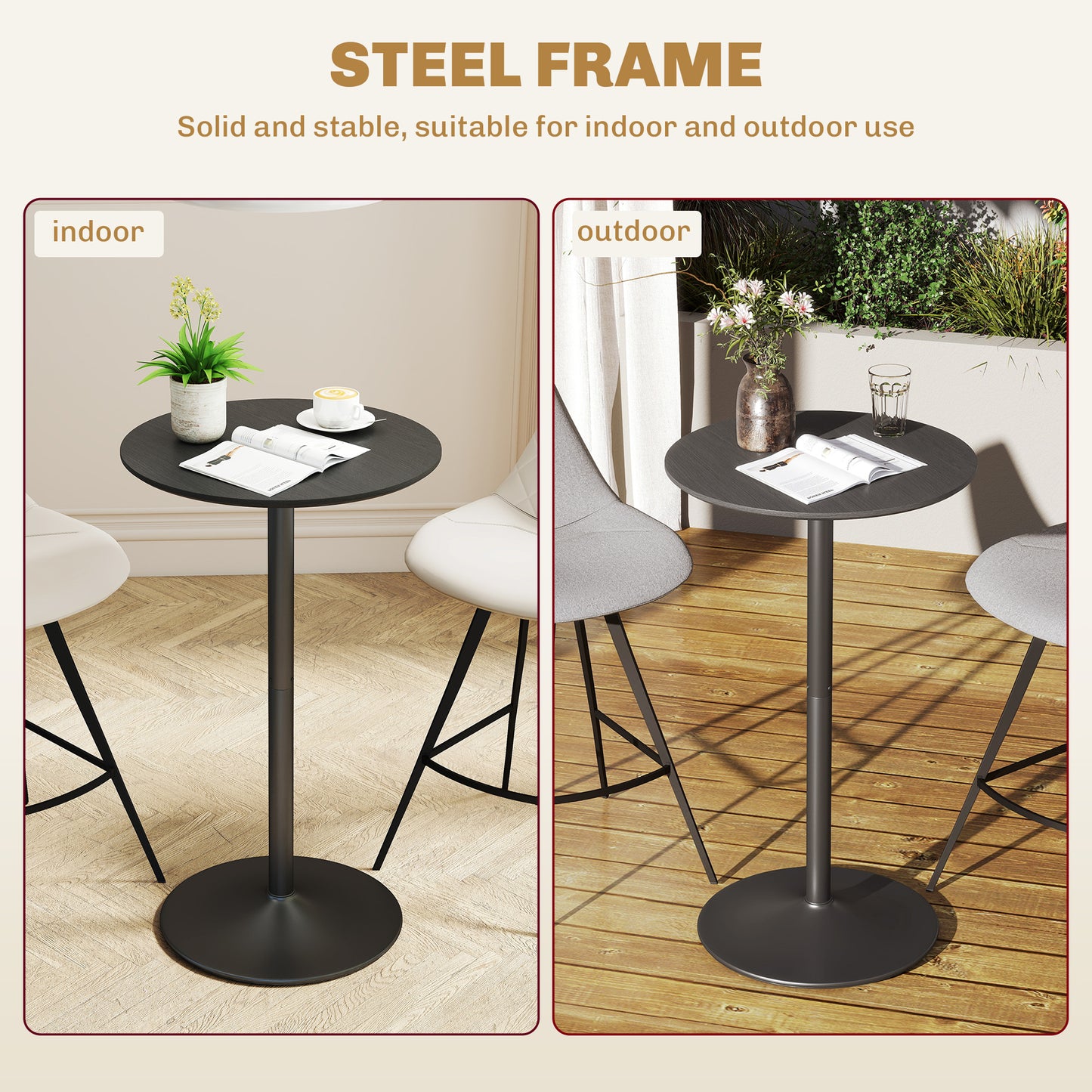 Bar Height Round Table with Wood Veneer Top for 2 People, Black