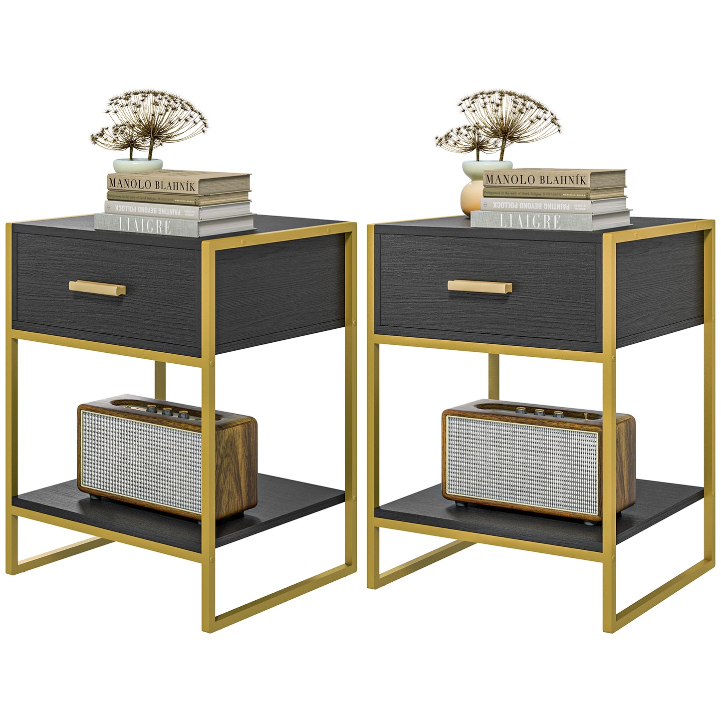 Modern Nightstands with Gold Steel Frame and Drawer, Black (Set of 2)