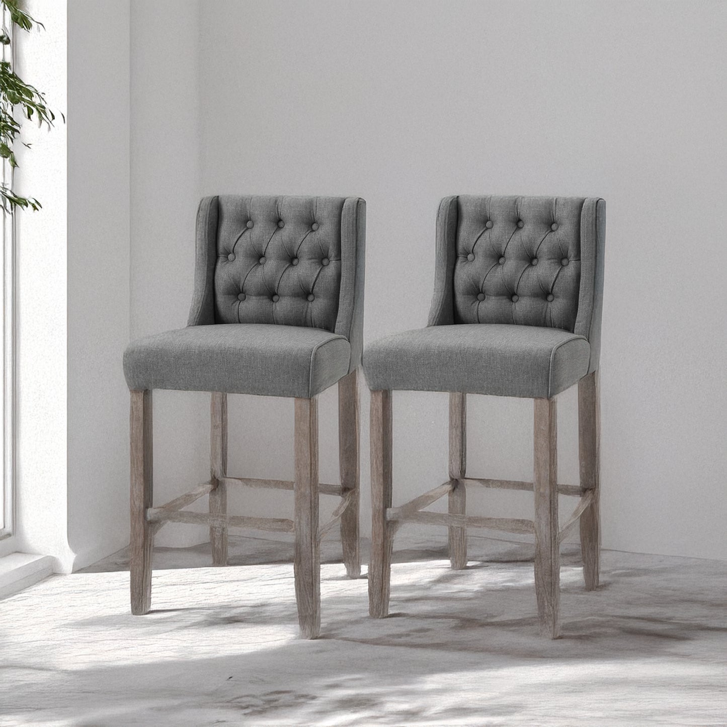 Upholstered Bar Stools with Tufted Nailhead Trim and Wood Legs, Gray (Set of 2)