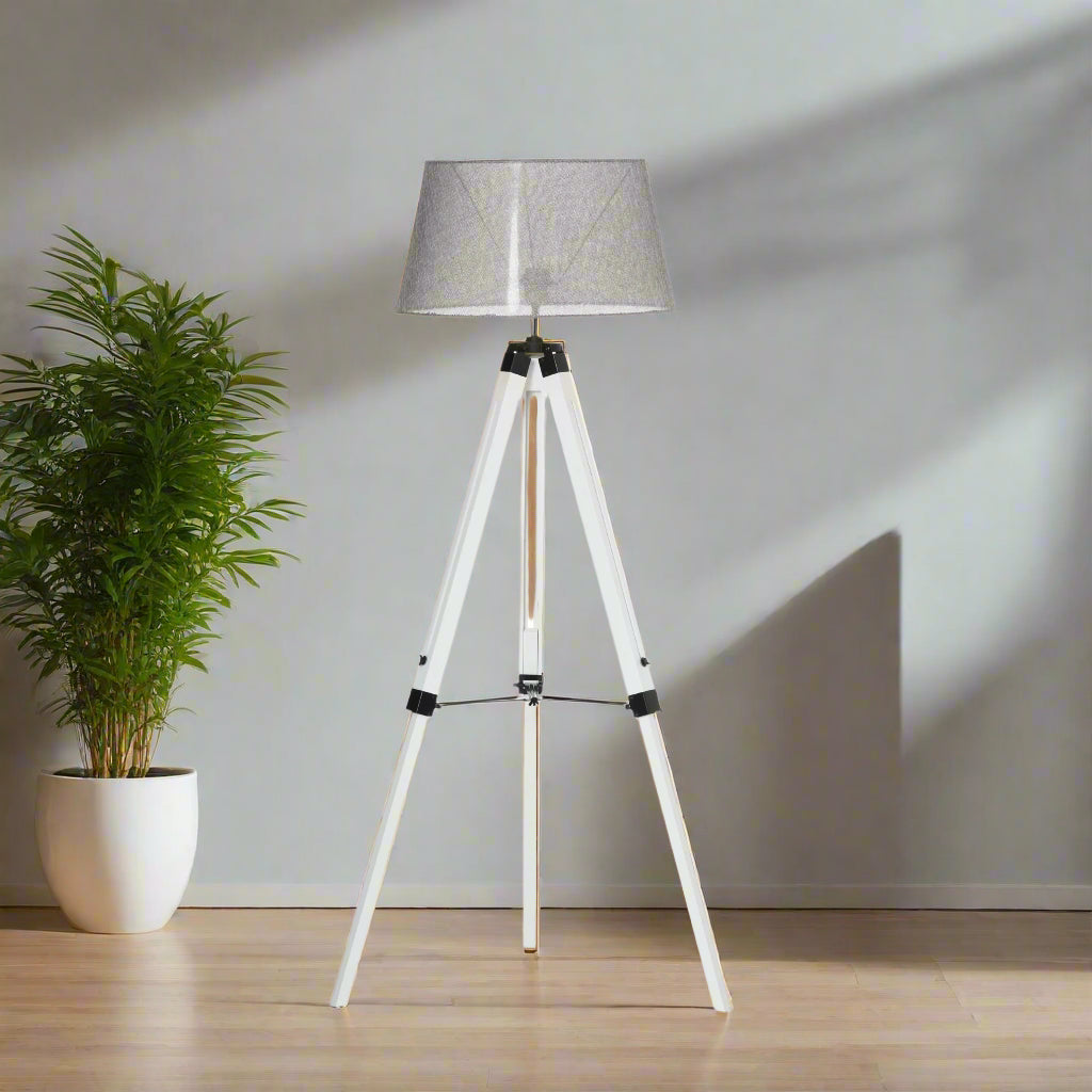 Adjustable Wooden Tripod Floor Lamp - White & Grey