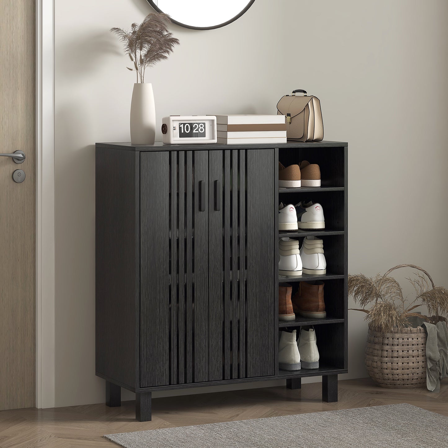 17 Pair Shoe Storage Cabinet with Double Doors and Open Shelves, Black