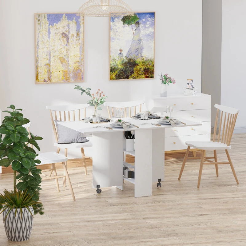 Extendable Dining Table with Storage Shelves and Rolling Wheels