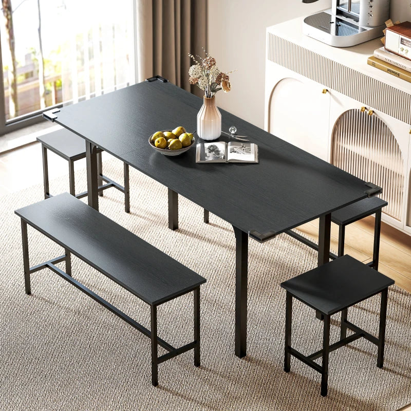 5-Piece Extendable Dining Set with Benches and Stools - Black