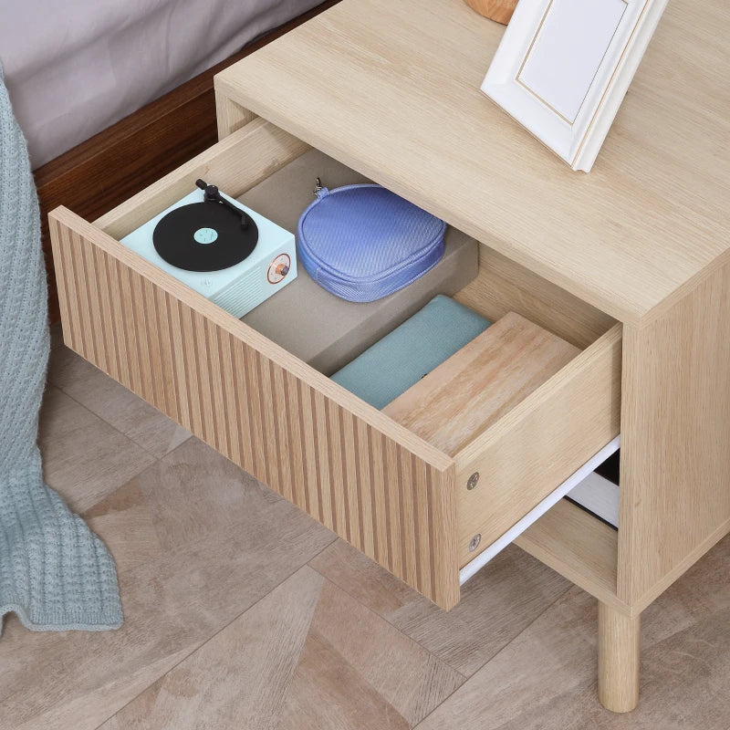 Modern Bedside Table with Drawer and Open Shelf, Natural Wood