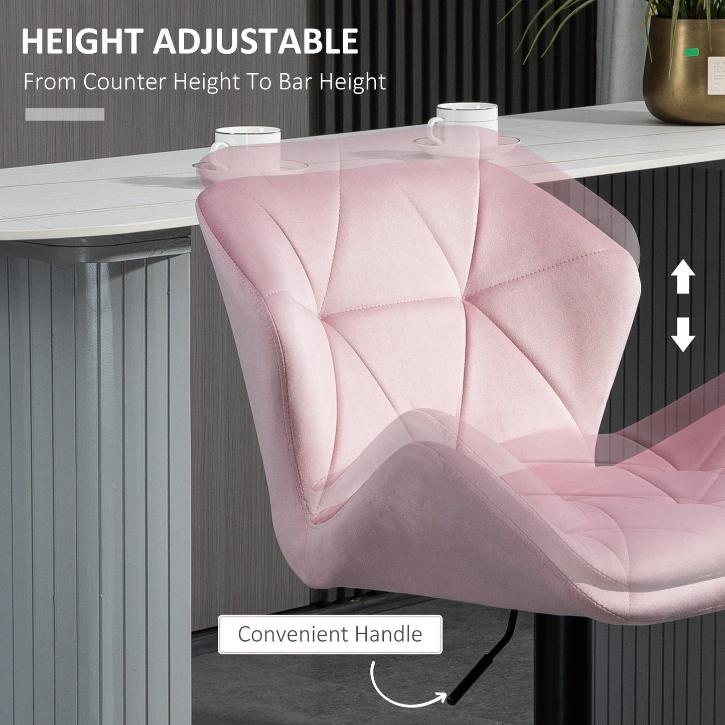 Velvet-Touch Adjustable Height Bar Stools with Diamond Tufting, Pink (Set of 2)