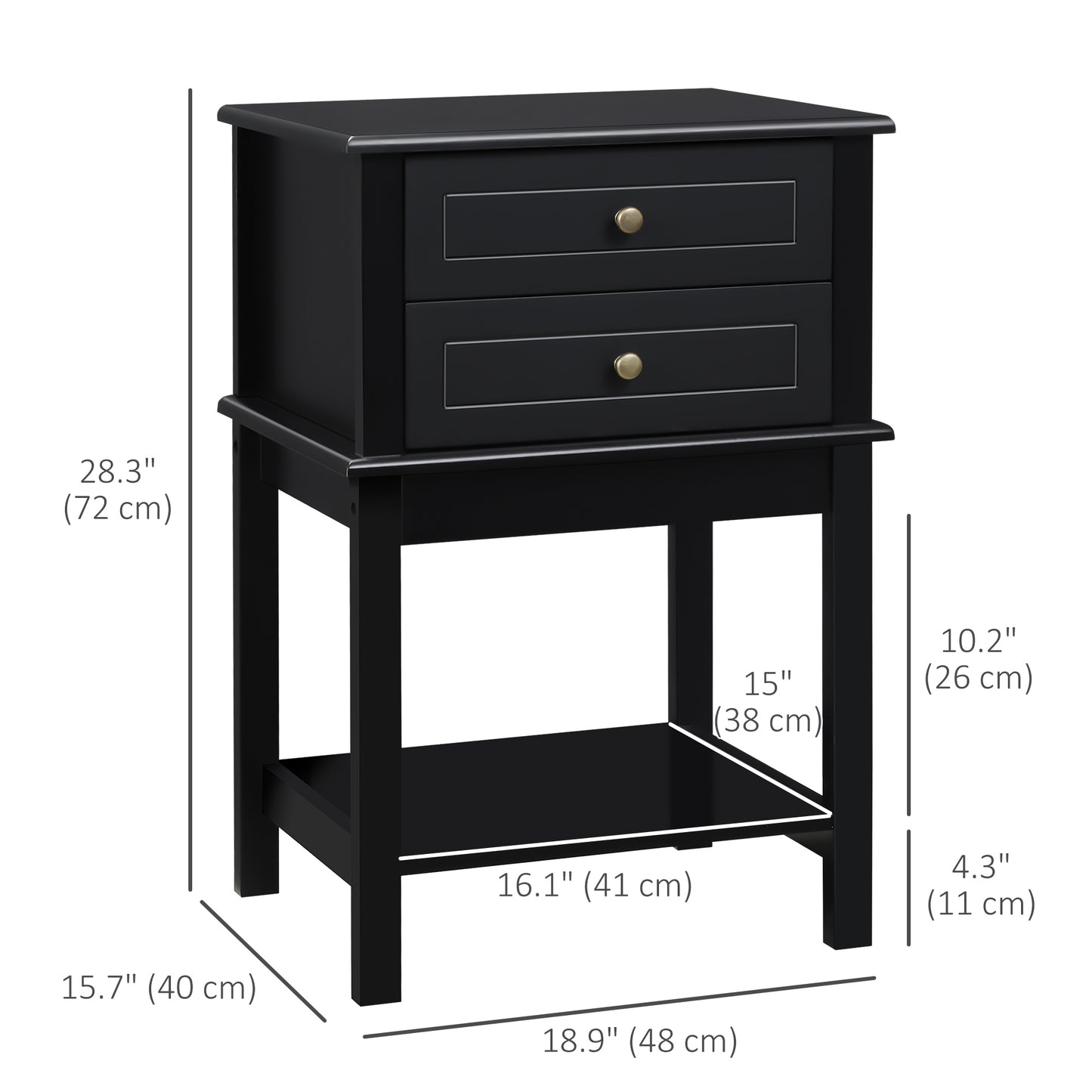 Black Modern End Table with Drawers and Storage Shelf