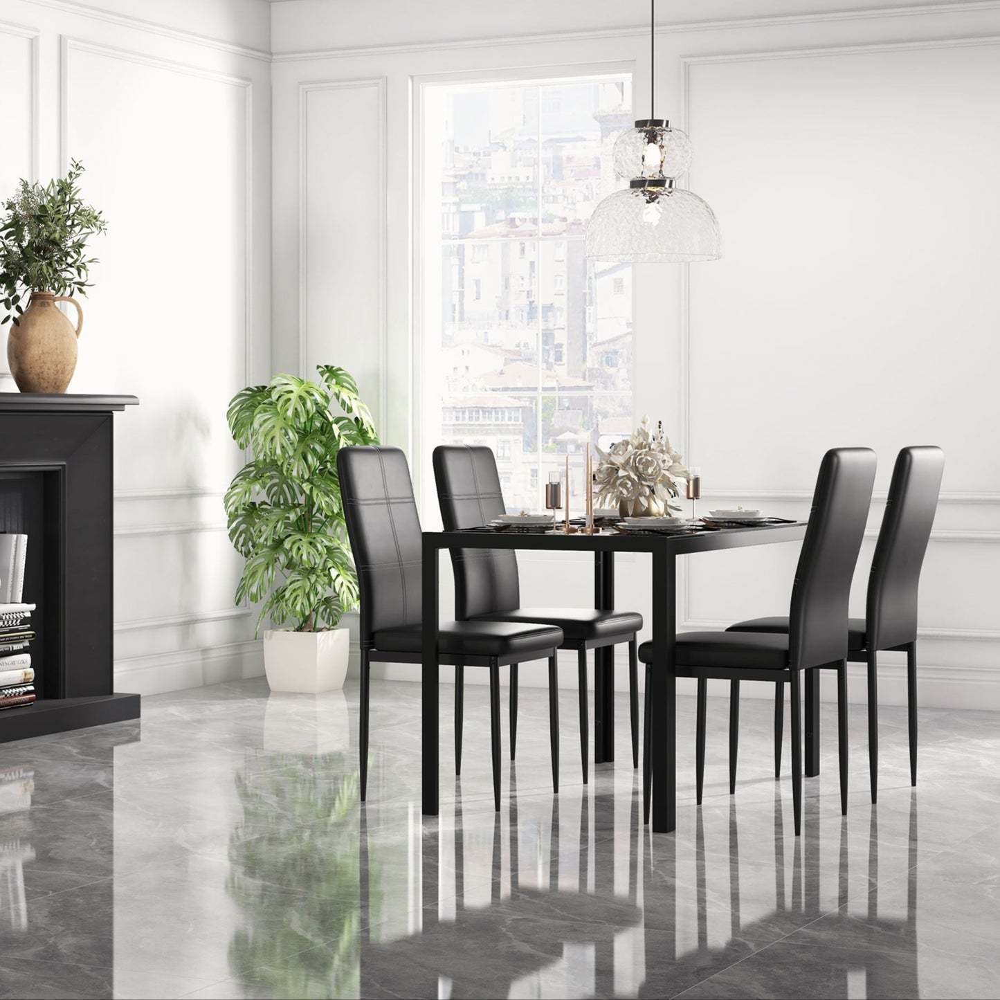 5-Piece Black Glass Dining Table Set with Faux Leather Chairs