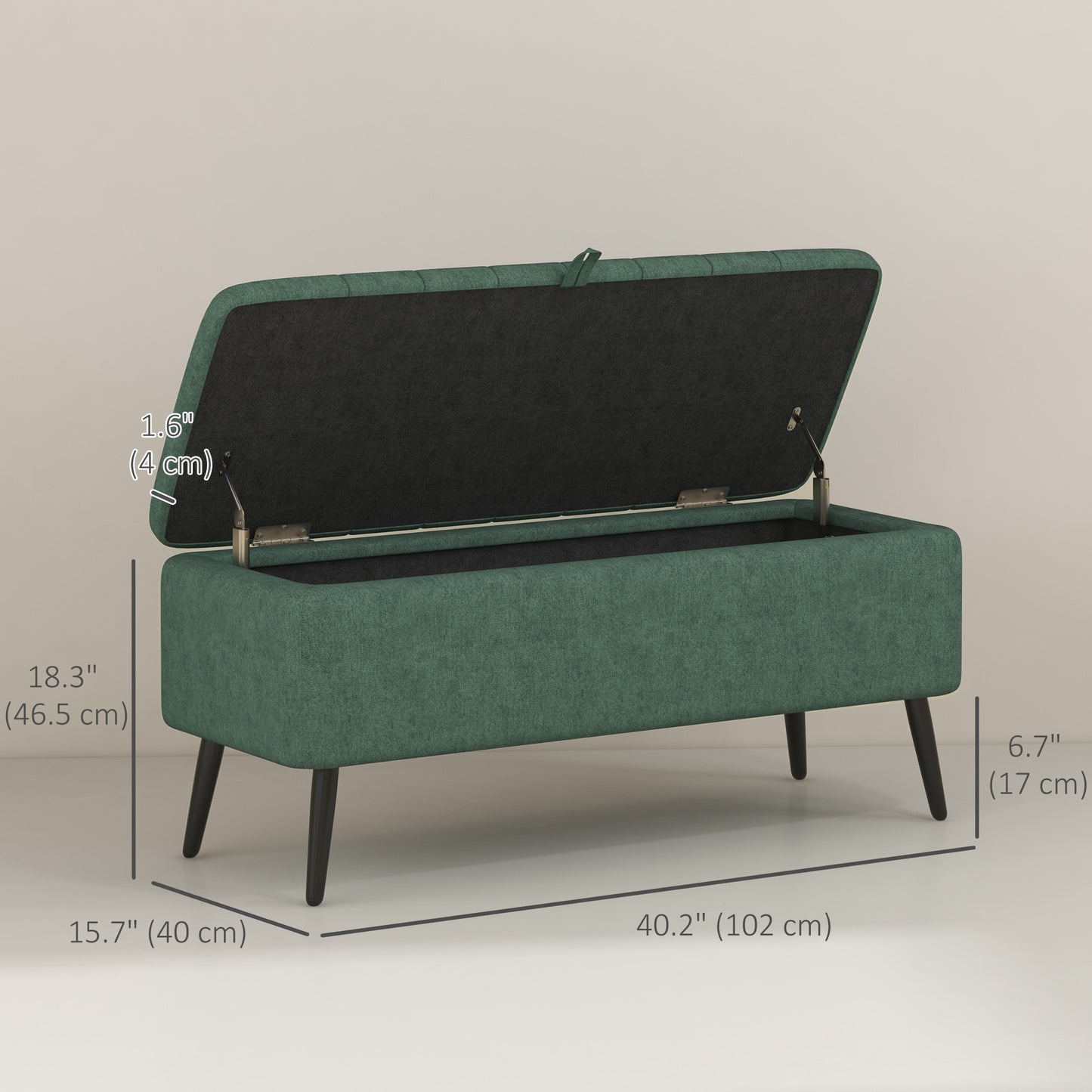 40" Linen Storage Ottoman Bench with Steel Legs, Dark Green