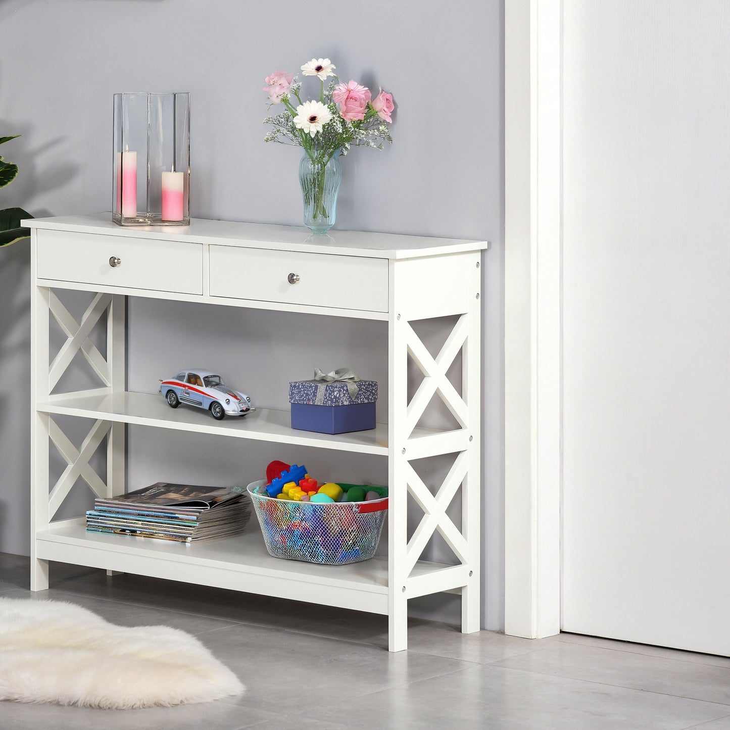 39" Console Table with X-Frame Design and Storage Drawers, White