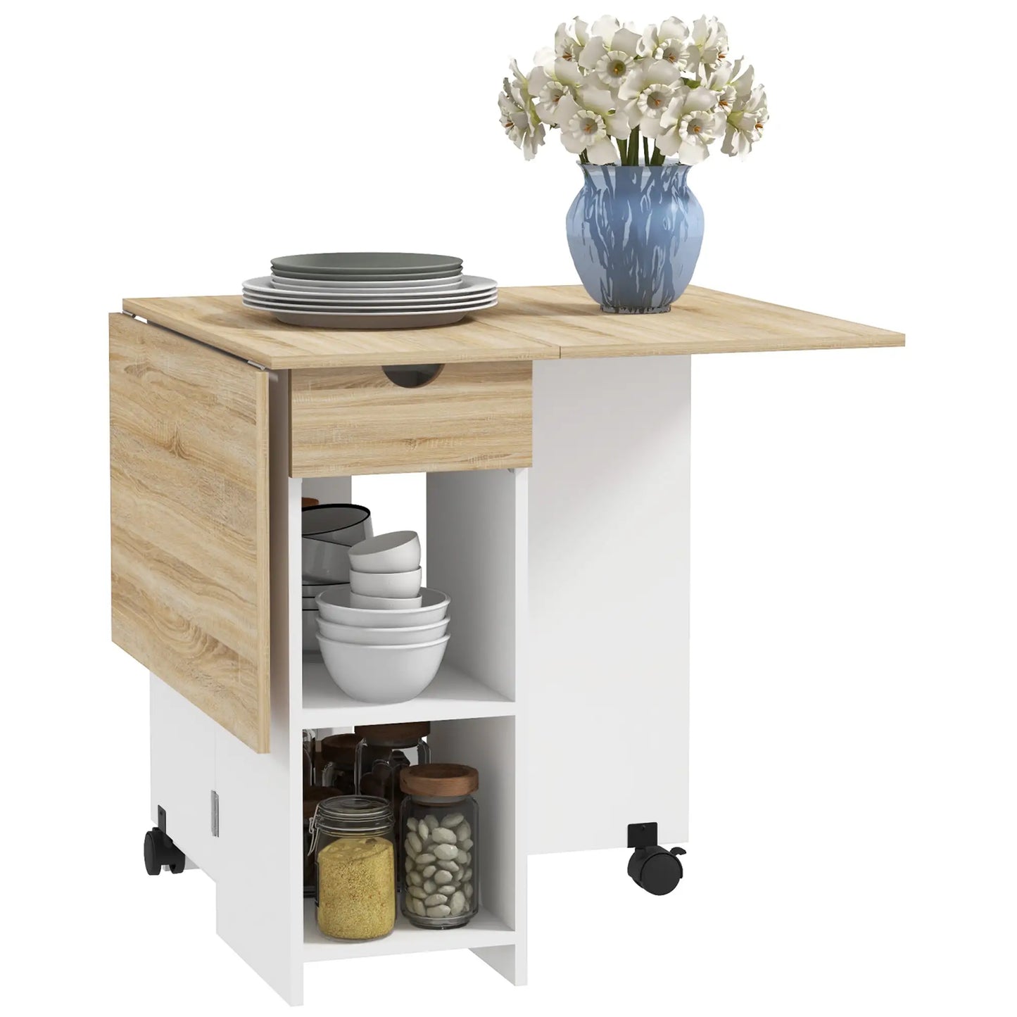 Folding Dining Table with Drawer and Storage Shelves - Oak