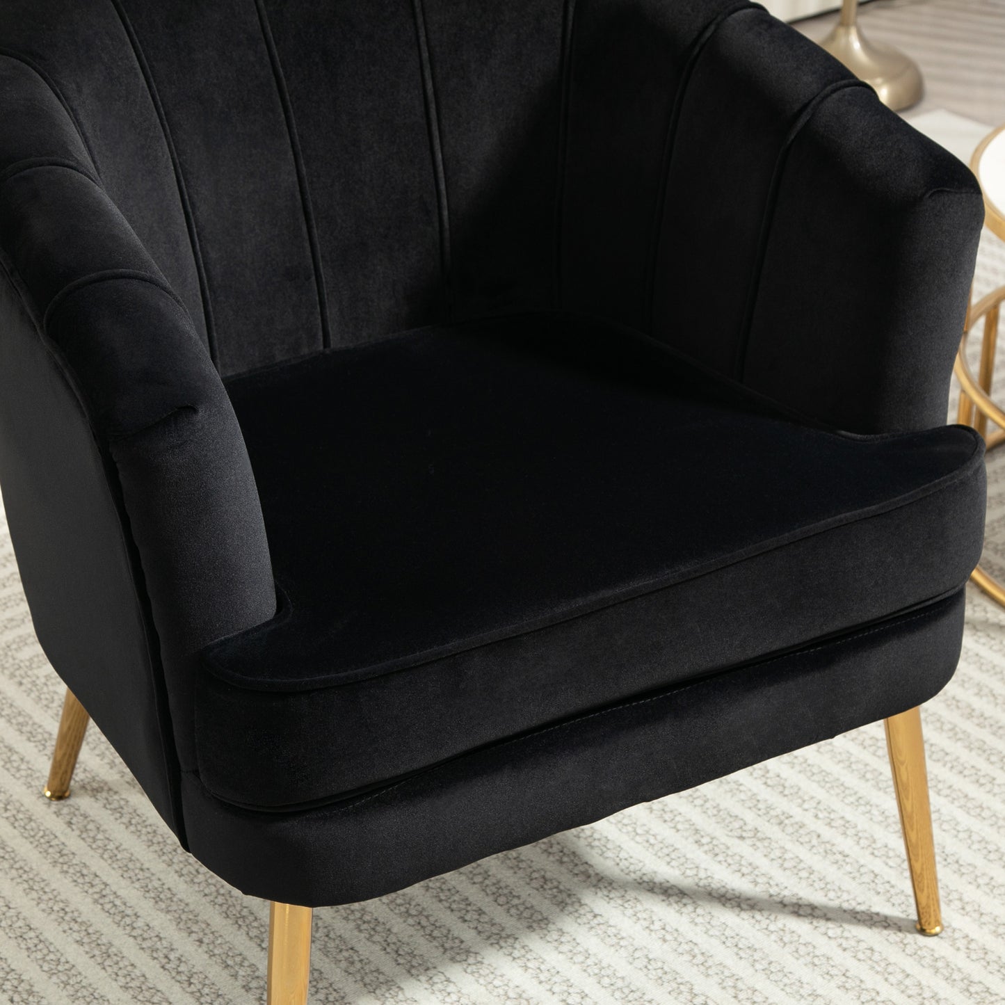 Channel-Tufted Tub Armchair with Velvet Upholstery and Gold Legs, Black