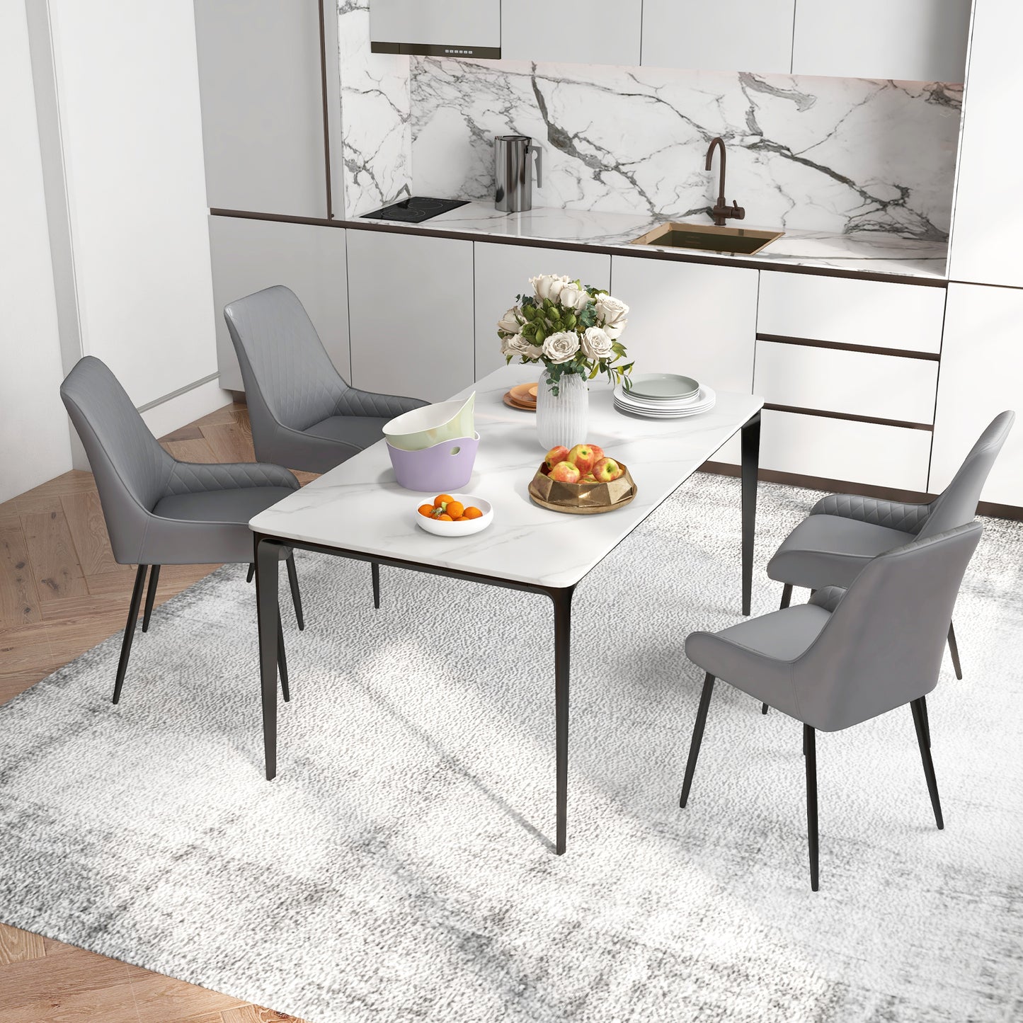 PU Leather Dining Chairs with Diamond Tufting and Metal Legs, Grey (Set of 4)