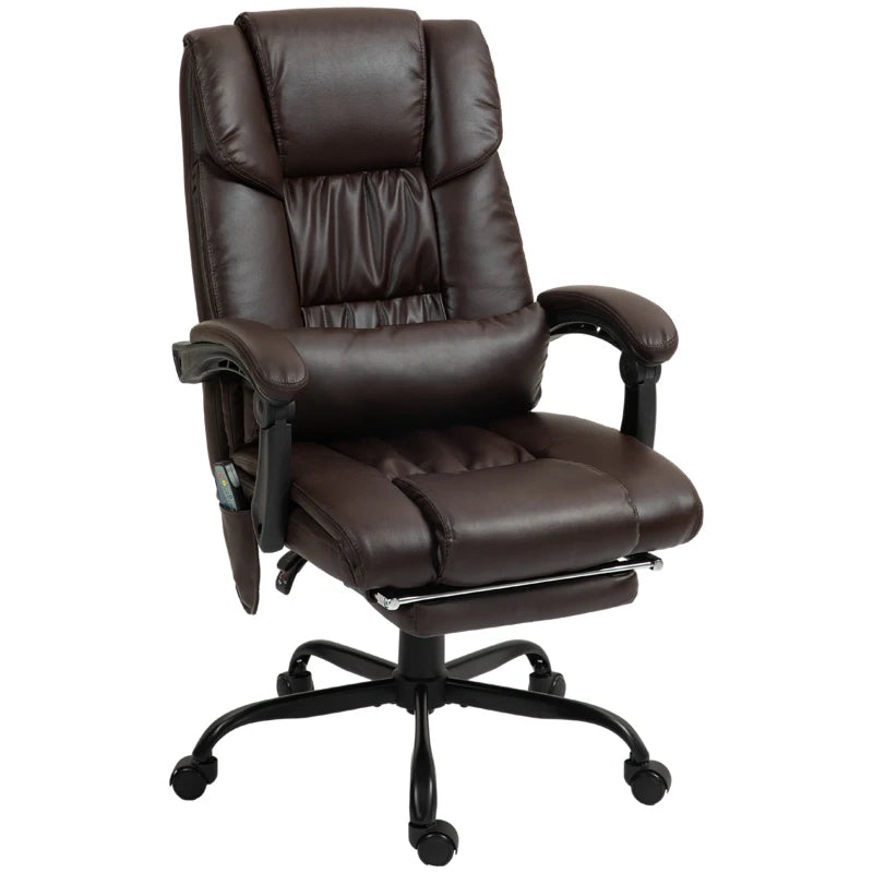 6-Point Massage Office Chair with Adjustable Height and Retractable Footrest, Brown