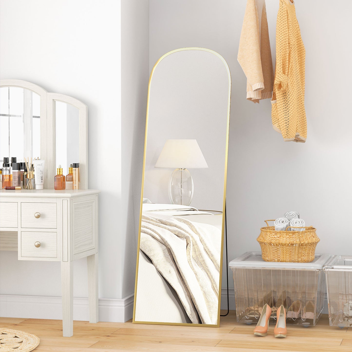 Arched Full Length Mirror with Gold Frame, 64" x 20", Versatile Standing or Wall Mount