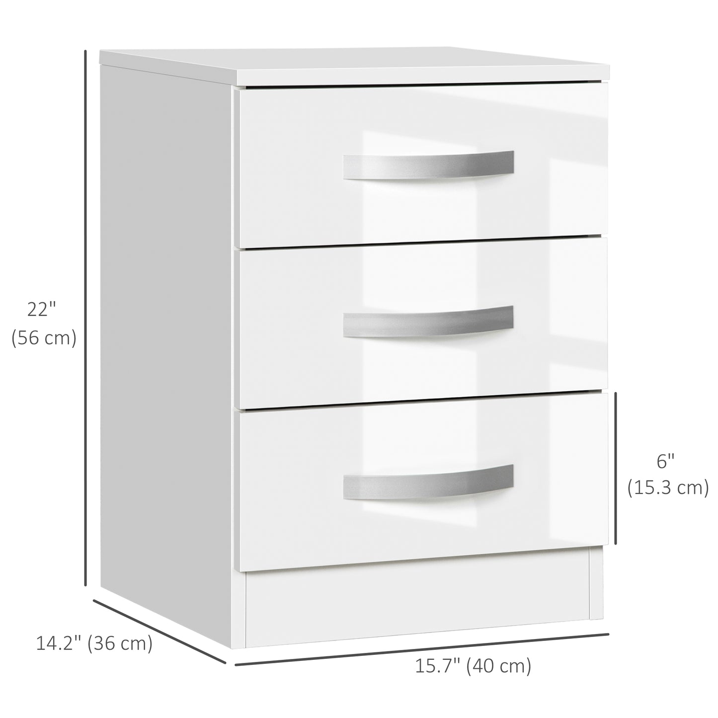 Modern High Gloss Nightstands with 3 Drawers, White (Set of 2)