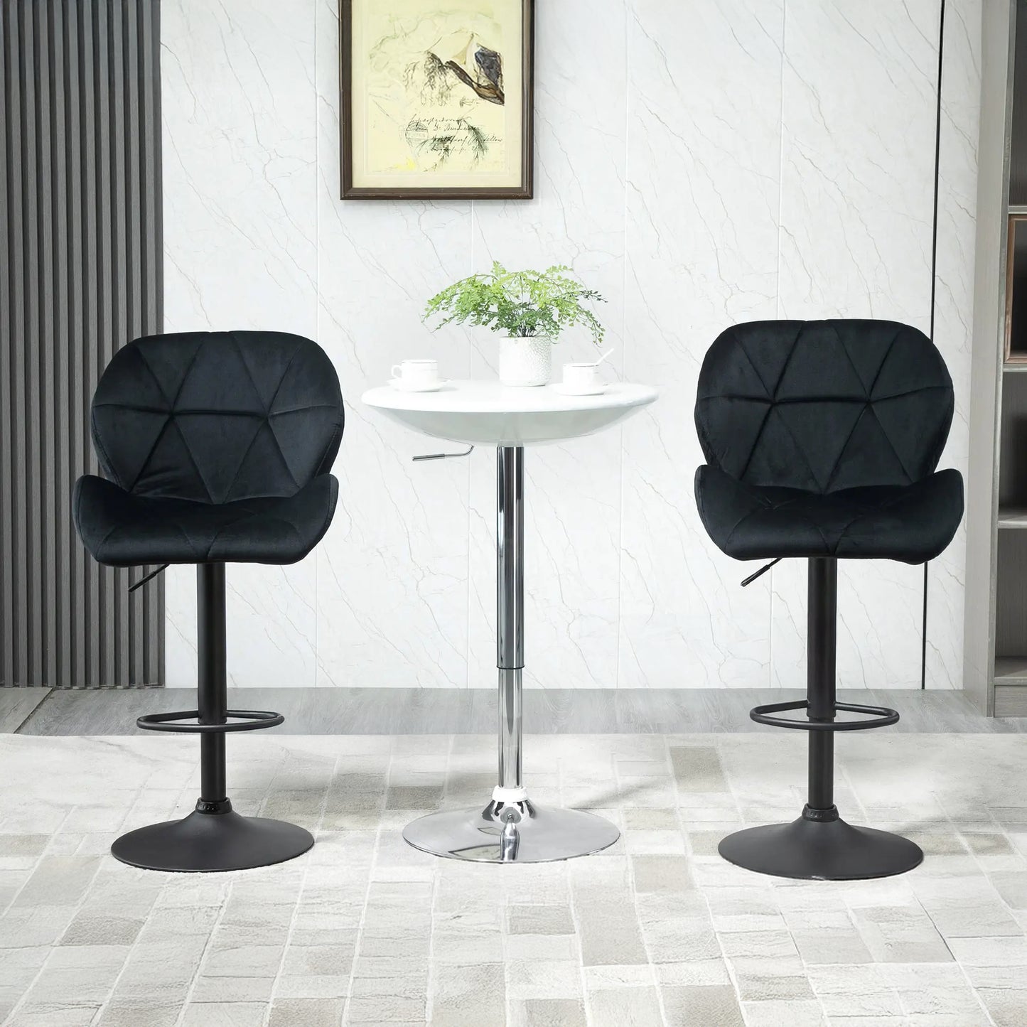 Velvet-Touch Adjustable Height Bar Stools with Diamond Tufting, Black (Set of 2)