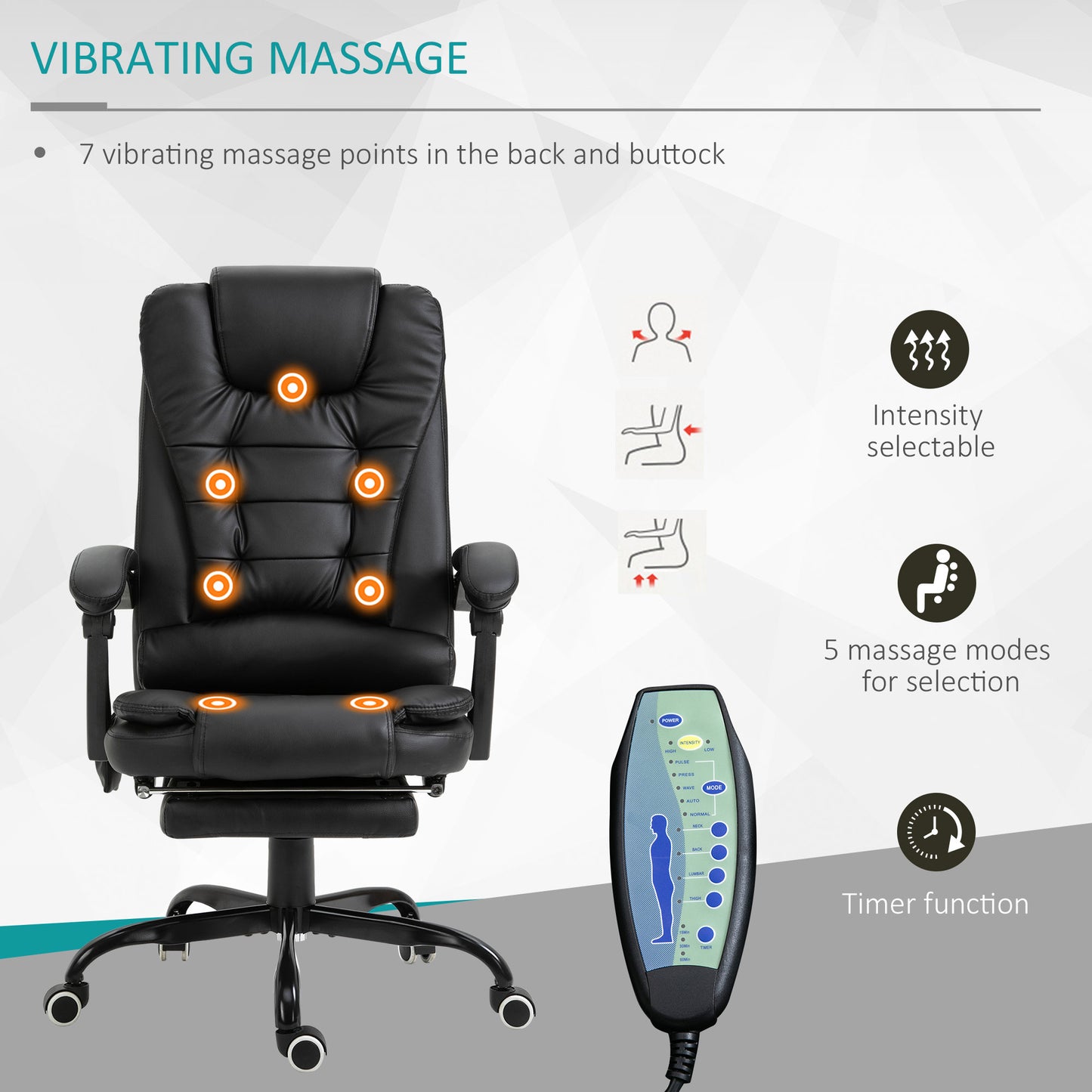 7-Point Vibrating Massage Office Chair with Footrest and Reclining Back, Black