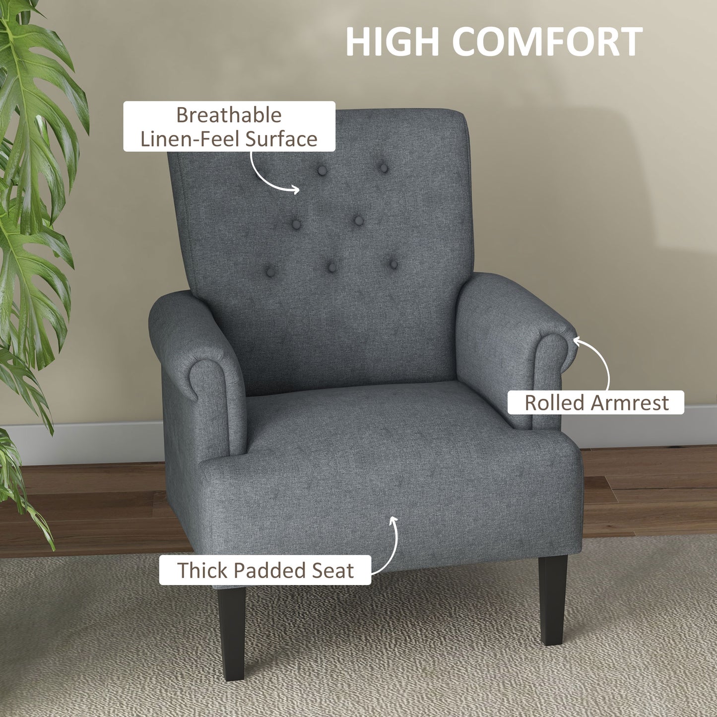 Fabric Accent Chair with Wood Legs and Rolled Arms, Gray