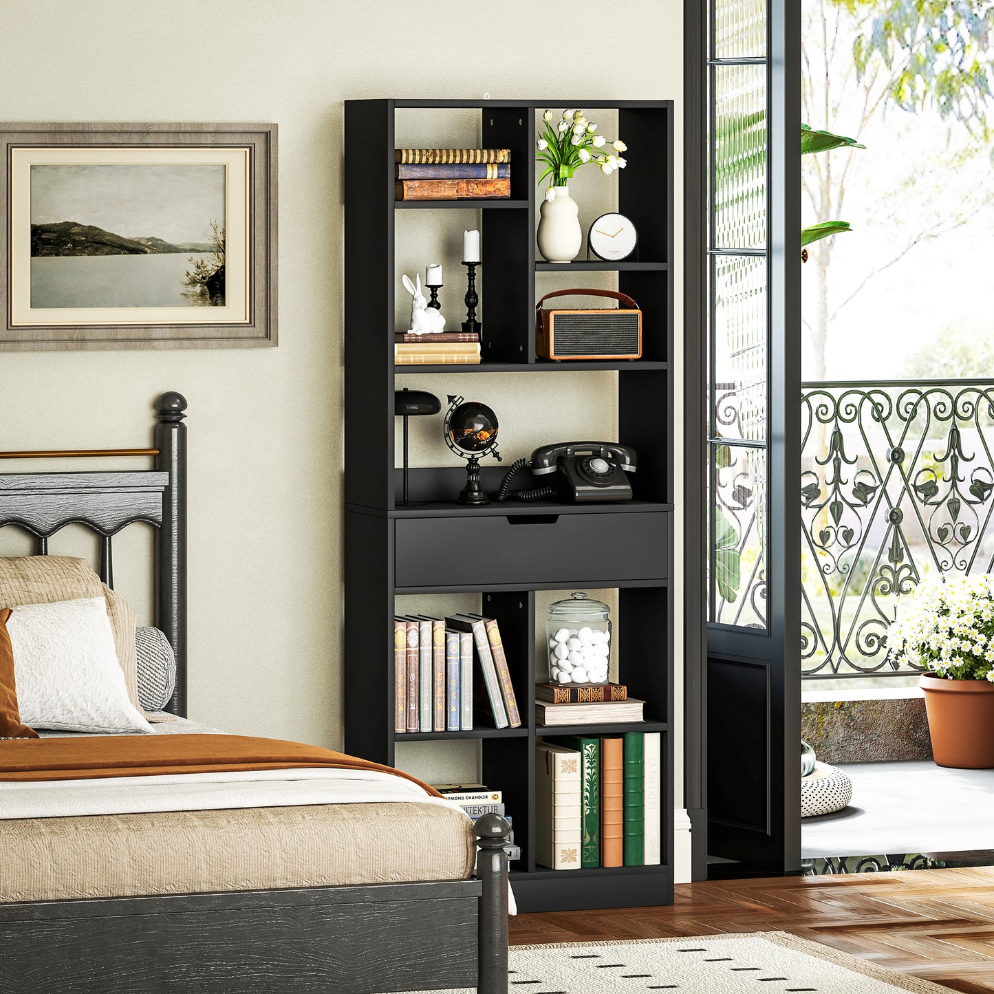 Tall Bookshelf with Drawer and Wide Worktop, Black