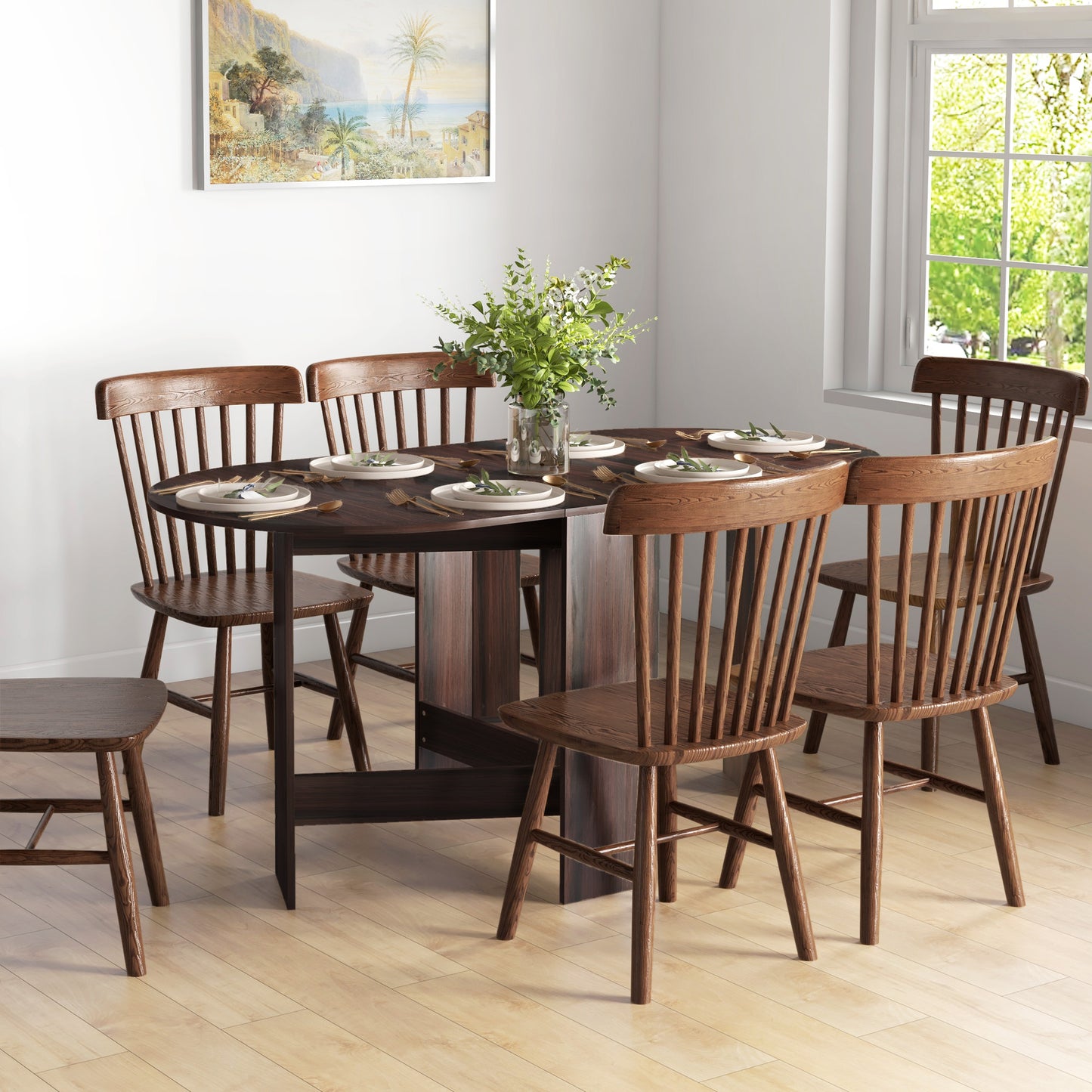 Oval Drop Leaf Dining Table with Space-Saving Design for Up to 6 People, Distressed Brown