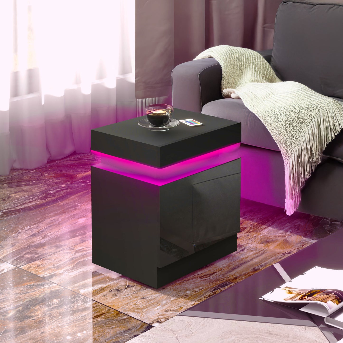 LED Nightstand with Remote Control and 2 Drawers, Black