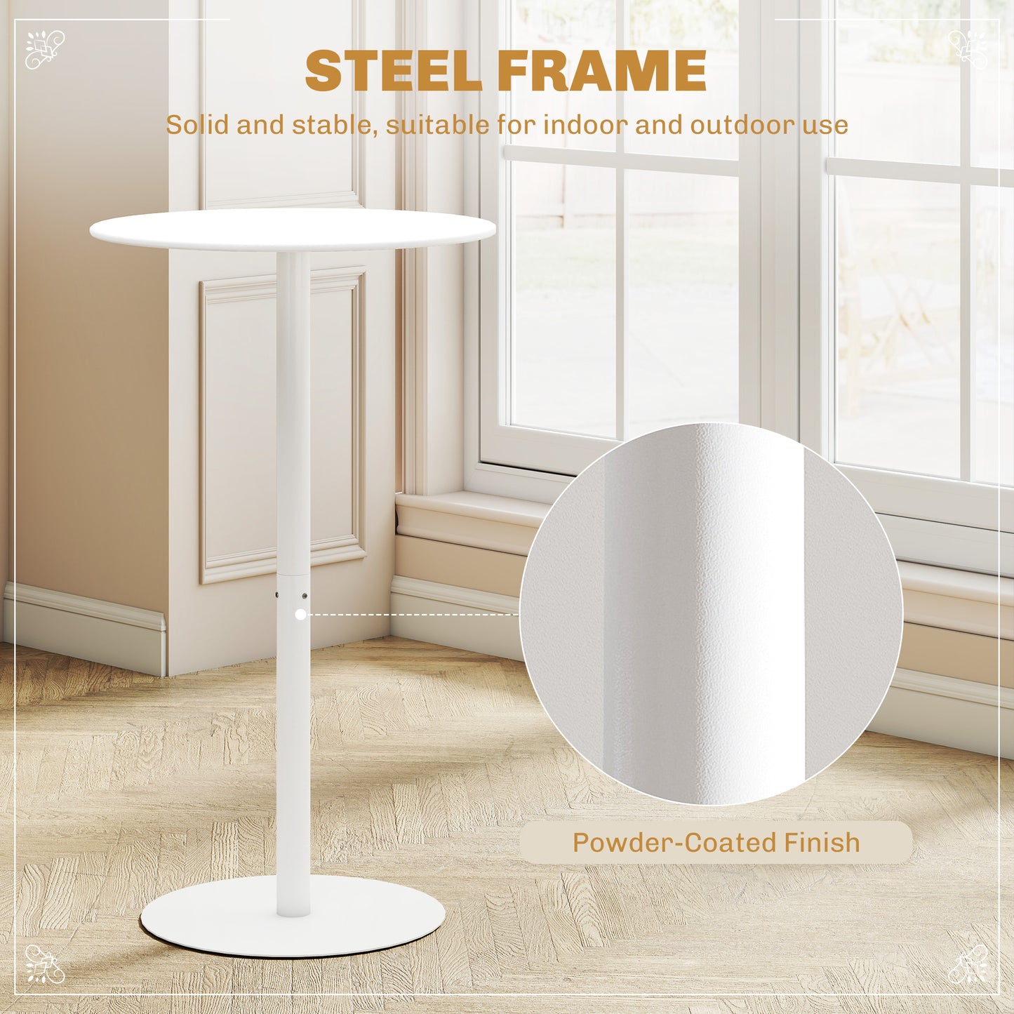 Round Bar Table with Steel Frame for 2 People, Indoor/Outdoor Use, White