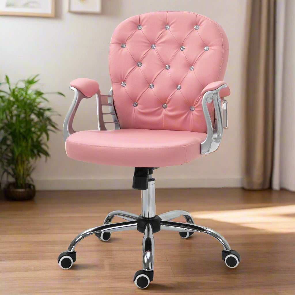 Tufted PU Leather Office Chair with 360° Swivel - Pink