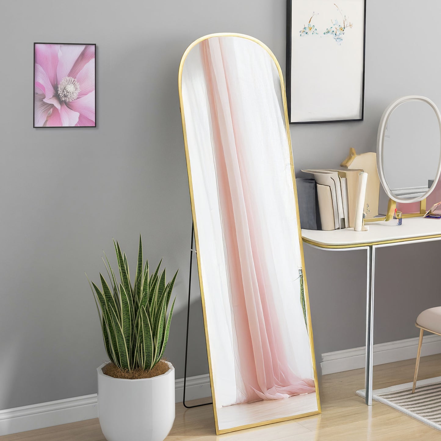 Arched Full Length Mirror with Gold Frame, 64" x 20", Versatile Standing or Wall Mount