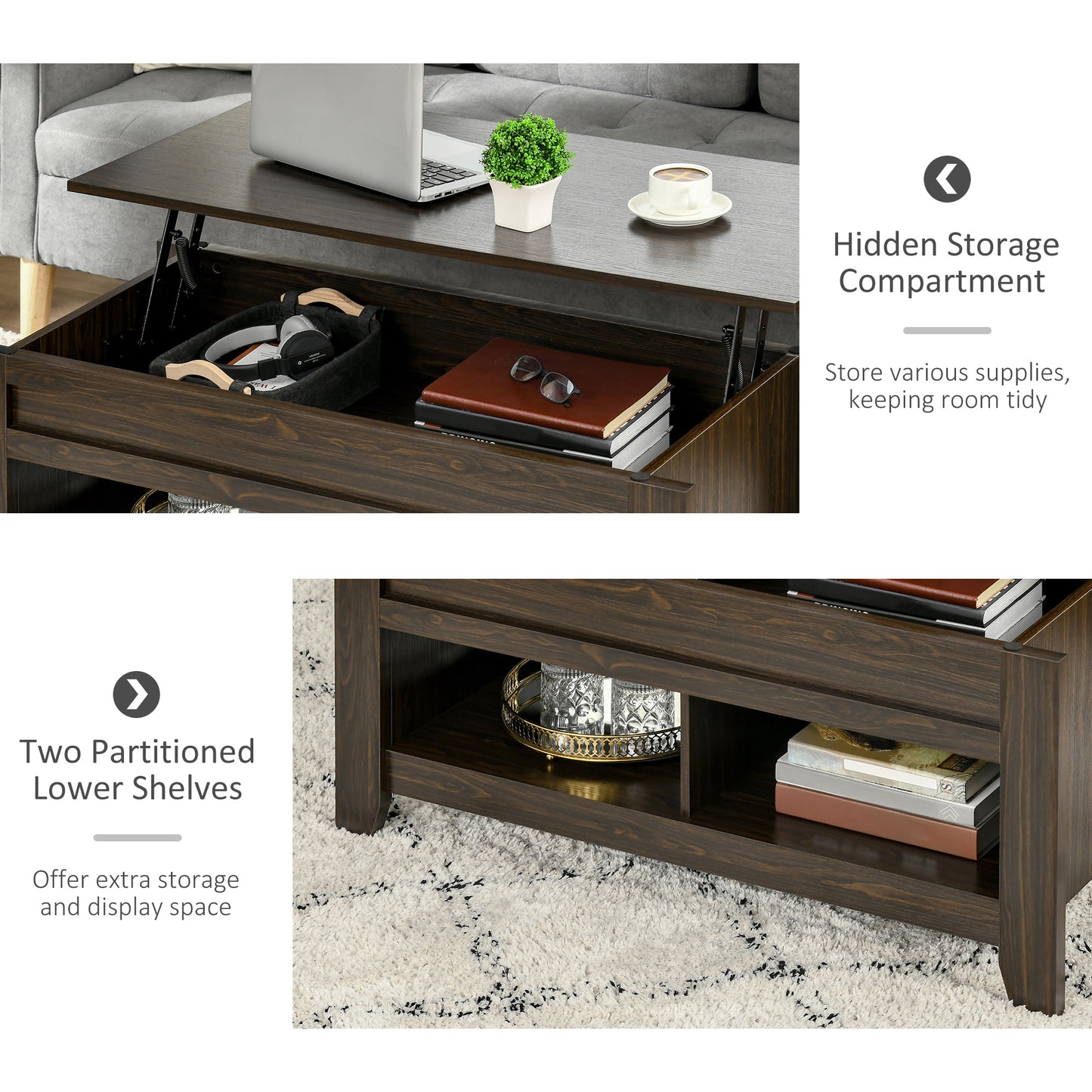 Lift Top Coffee Table with Hidden Storage, Dark Walnut