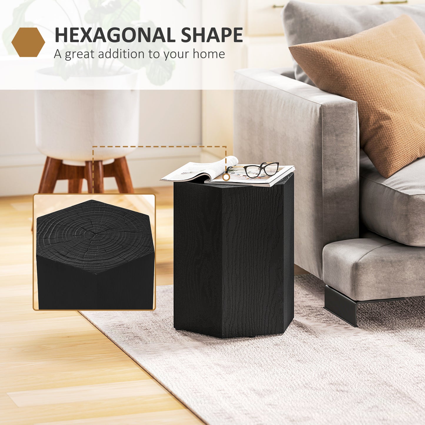 Hexagonal Wood Grain Side Table for Indoor and Outdoor Use, Black