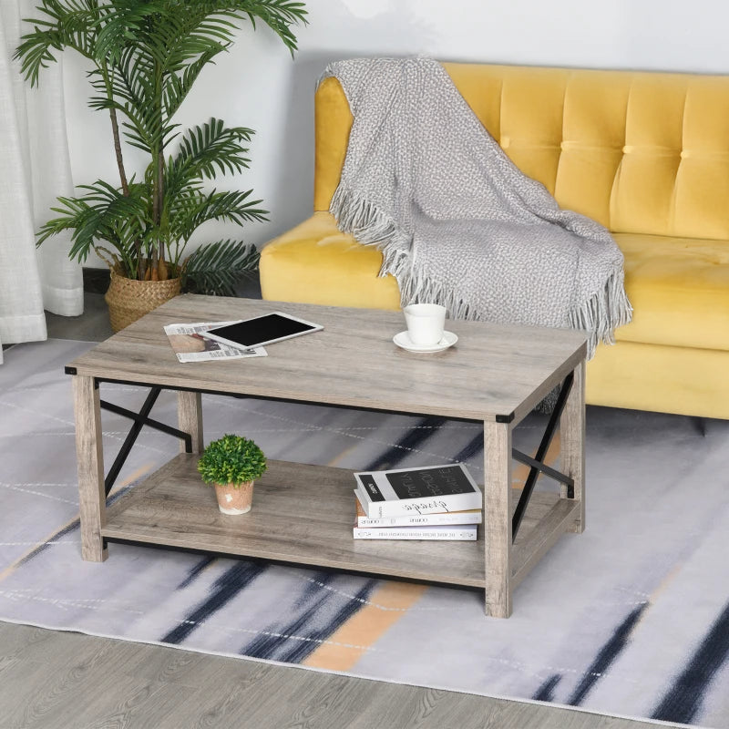 Coffee Table with X-Bar Storage Shelf, Oak